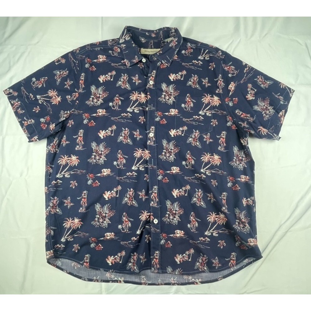 Tommy Bahama Hawaiian Shirt Mens XXL Navy Blue Hula Girls Turtle Floral Cotton